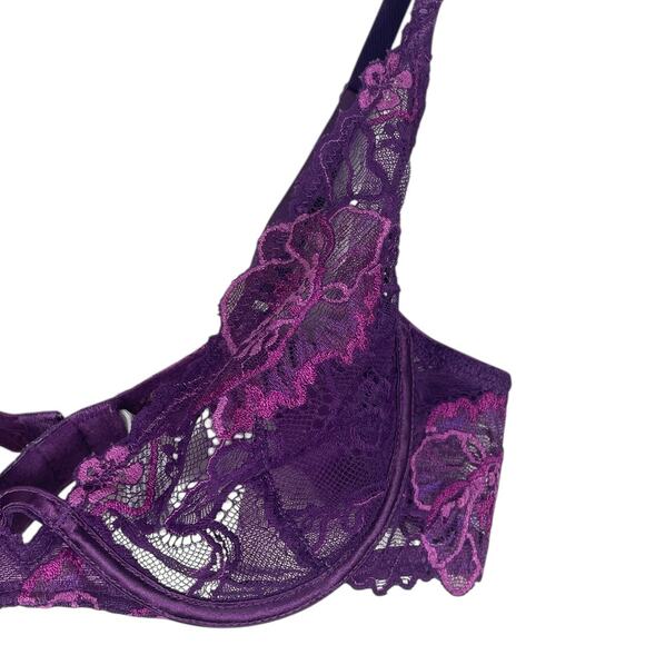 Wacoal Lace Plunge Bra Floral Sheer Feminine Romantic 95730 Purple Size 34B - Picture 5 of 12